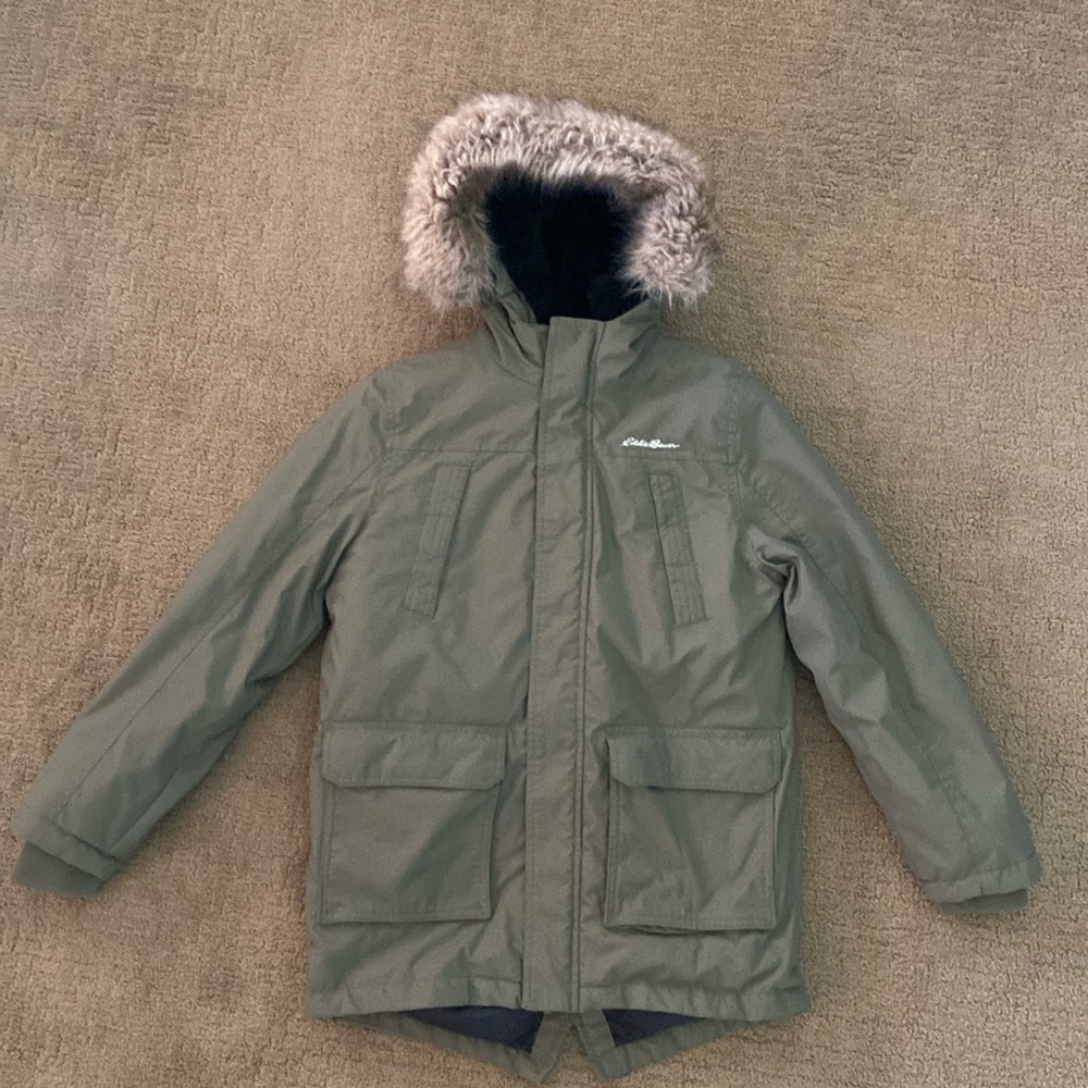 Eddie Bauer Kids Green Parka with Faux Fur Hood
